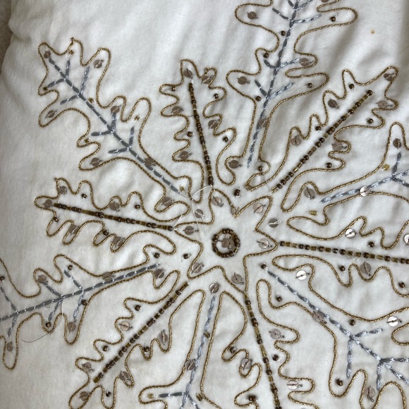 White velvet with gold and silver snowflake design winter accent pillow - Picture 2 of 5